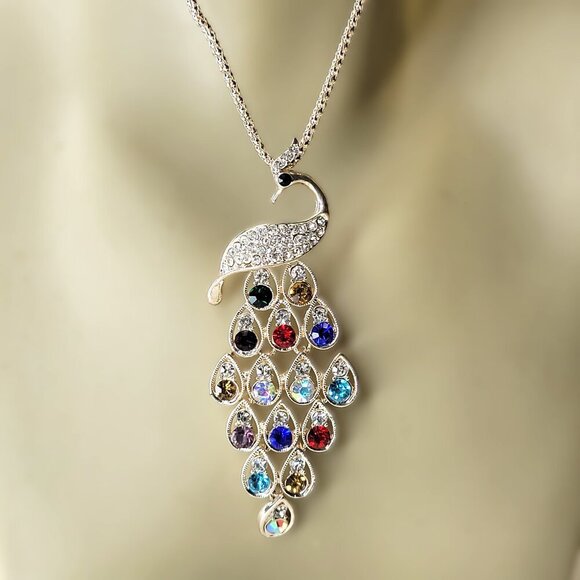 Colourful Peacock Long Pendant Necklace - Picture 1 of 8